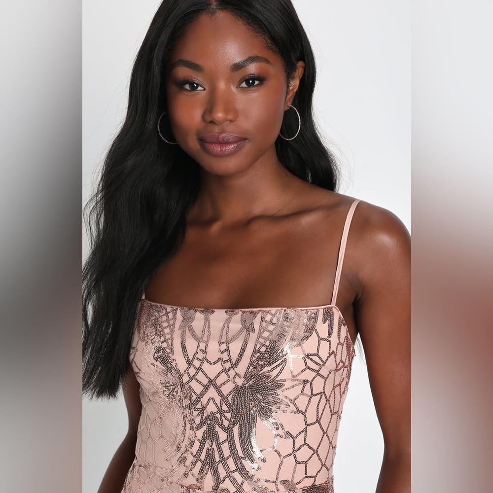 NWT lulus Sparkling Magic Rose Gold Sequin Lace-Up Mini Dress - Picture 4 of 5